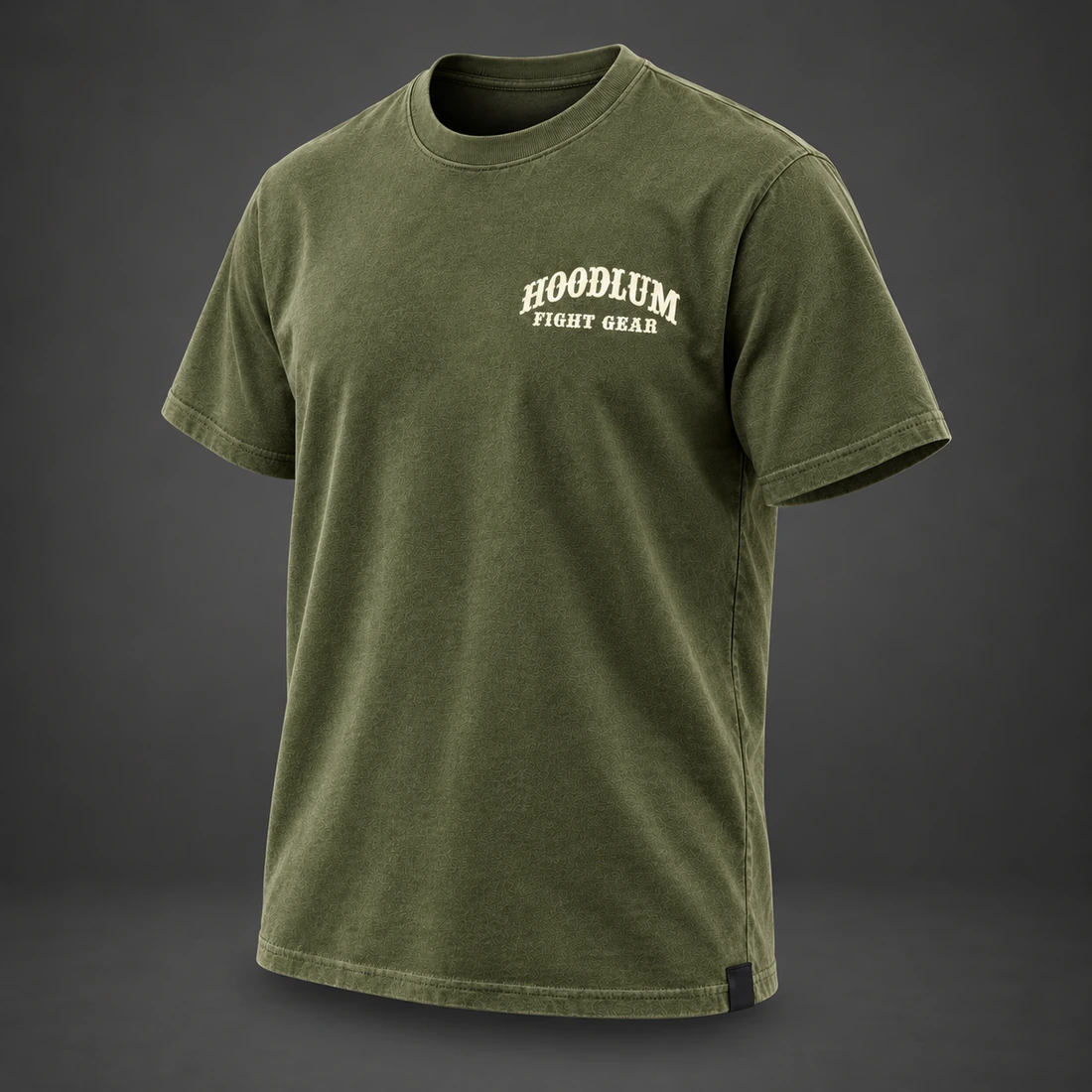 Silent Courage Tee — Olive / Carbon — Three-quarter view (AI demo concept)