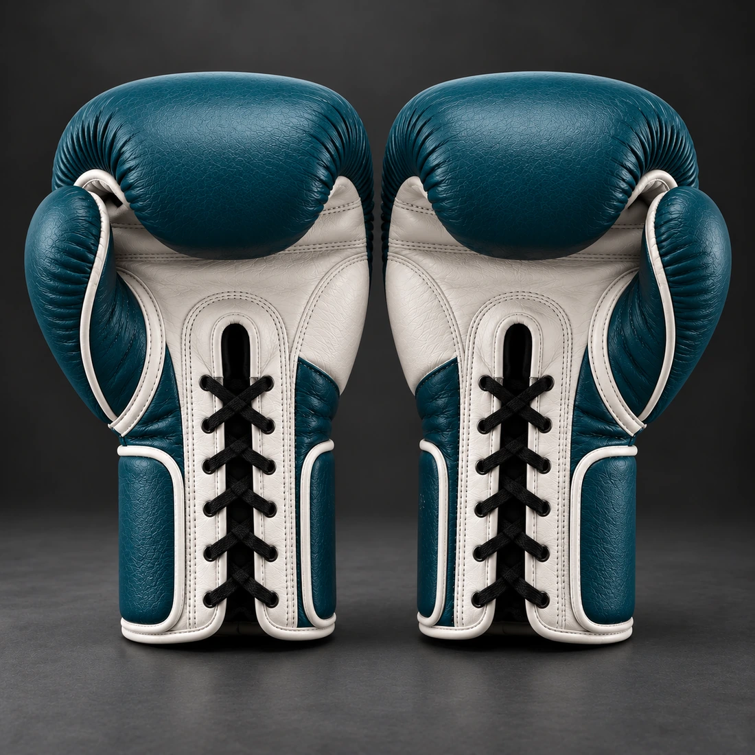 Steel Lace-Up Gloves — Petrol / Chalk — Rear view (AI demo concept)