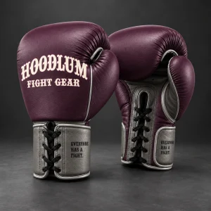 Steel Lace-Up Gloves — Plum / Pewter — Three-quarter view (AI demo concept)