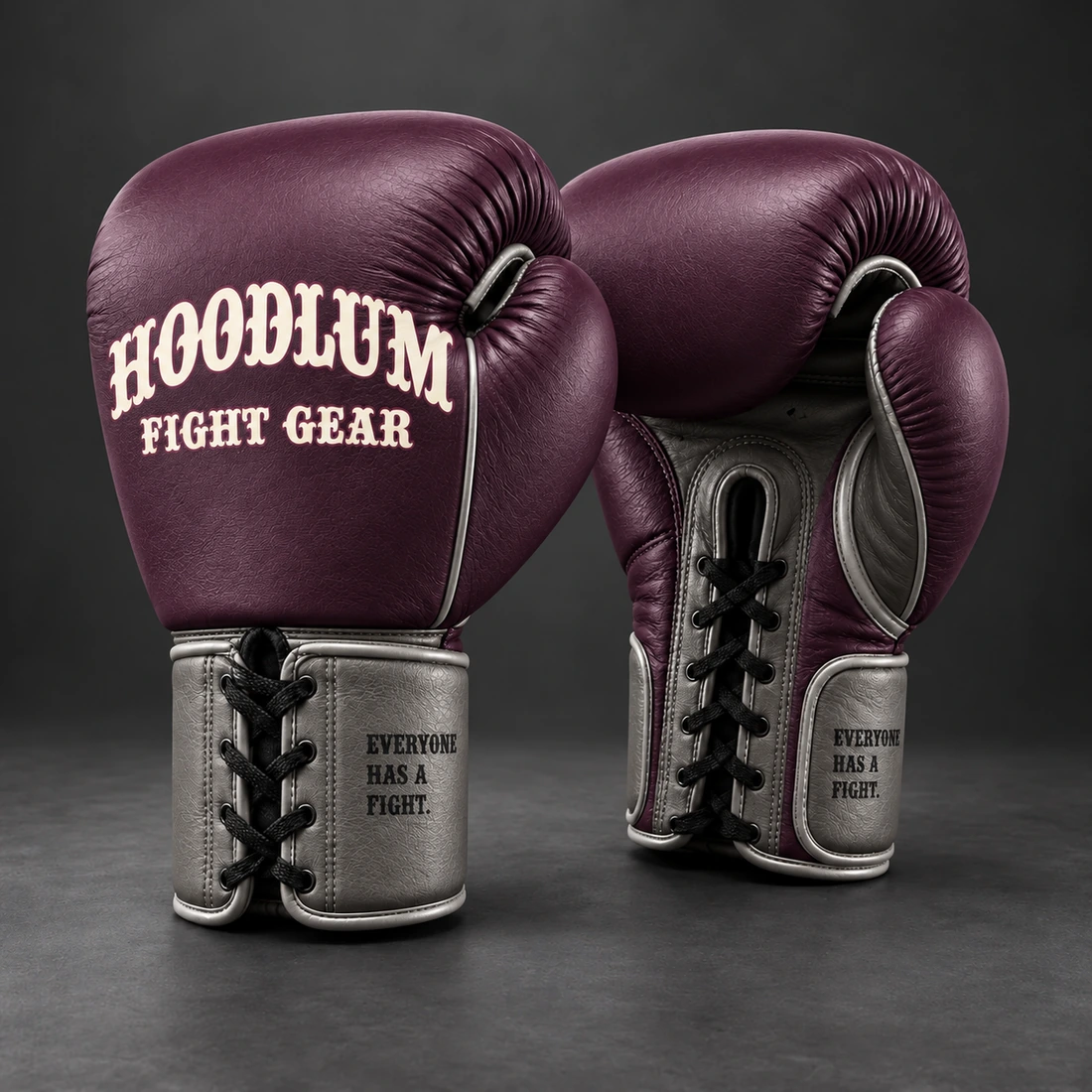 Steel Lace-Up Gloves — Plum / Pewter — Three-quarter view (AI demo concept)