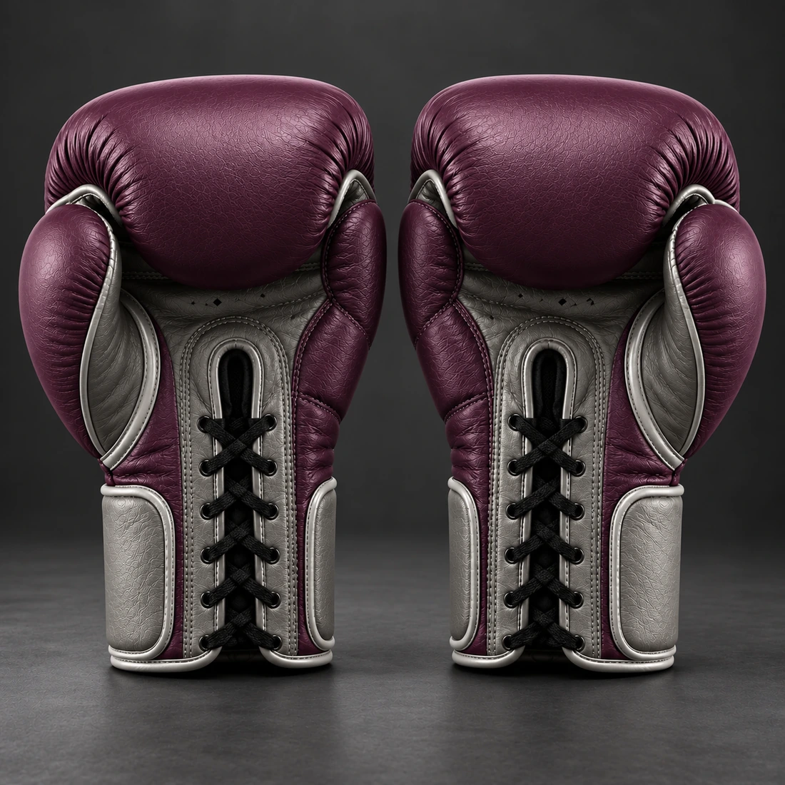 Steel Lace-Up Gloves — Plum / Pewter — Rear view (AI demo concept)