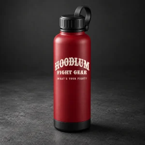 Steel Water Bottle — Crimson / Onyx — Three-quarter view (AI demo concept)
