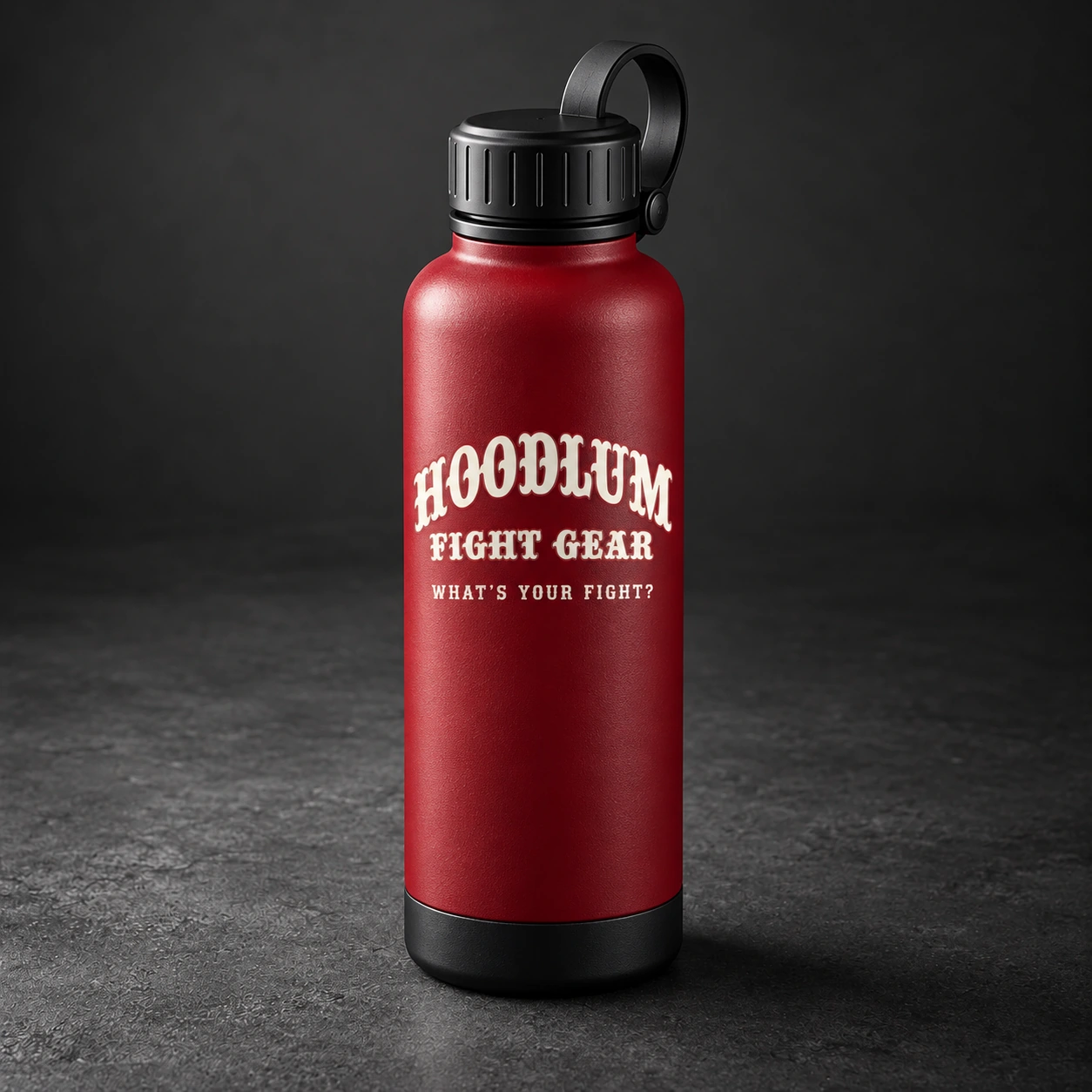 Steel Water Bottle — Crimson / Onyx — Three-quarter view (AI demo concept)