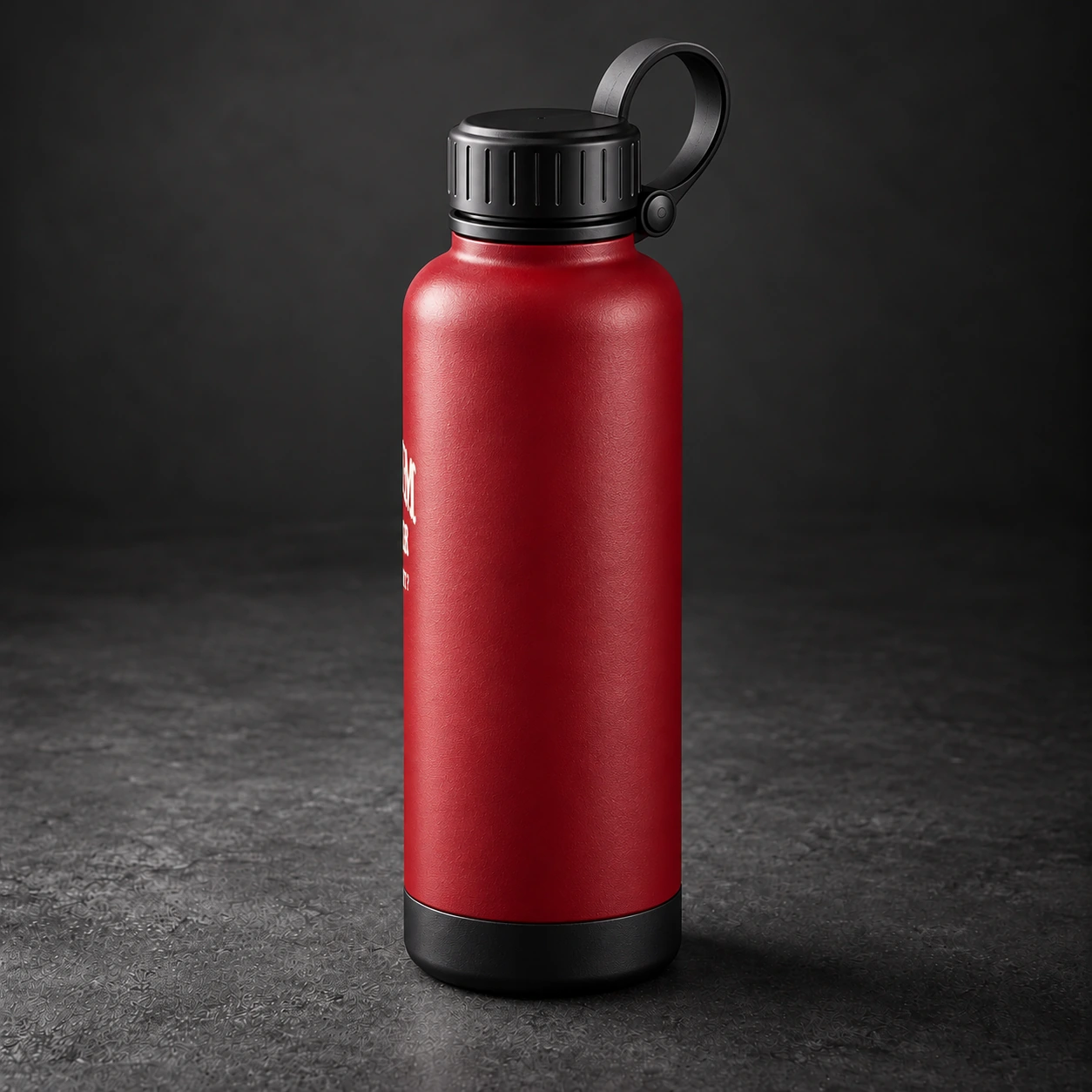 Steel Water Bottle — Crimson / Onyx — Opposite-side view (AI demo concept)