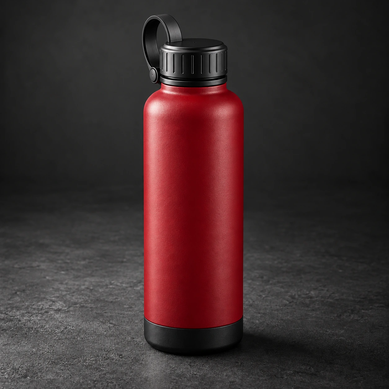 Steel Water Bottle — Crimson / Onyx — Rear view (AI demo concept)