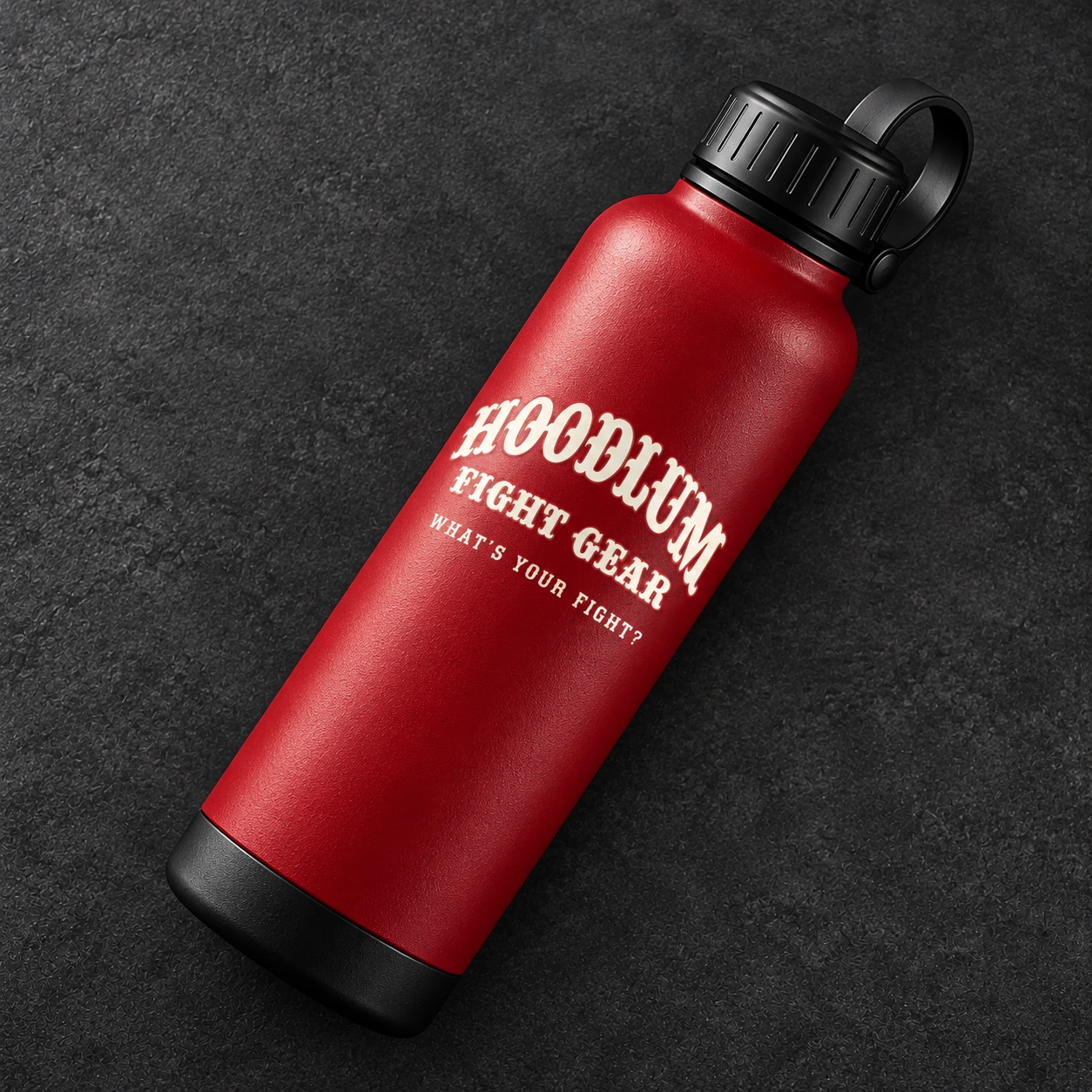 Steel Water Bottle — Crimson / Onyx — Top view (AI demo concept)