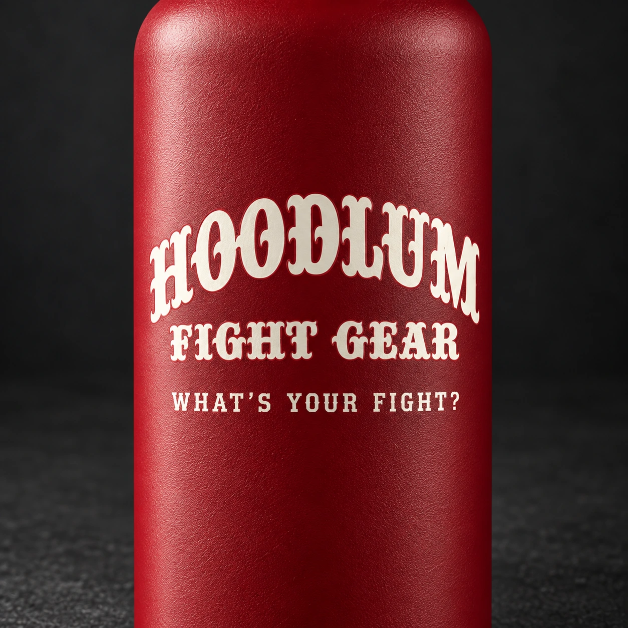 Steel Water Bottle — Crimson / Onyx — Branding detail (AI demo concept)
