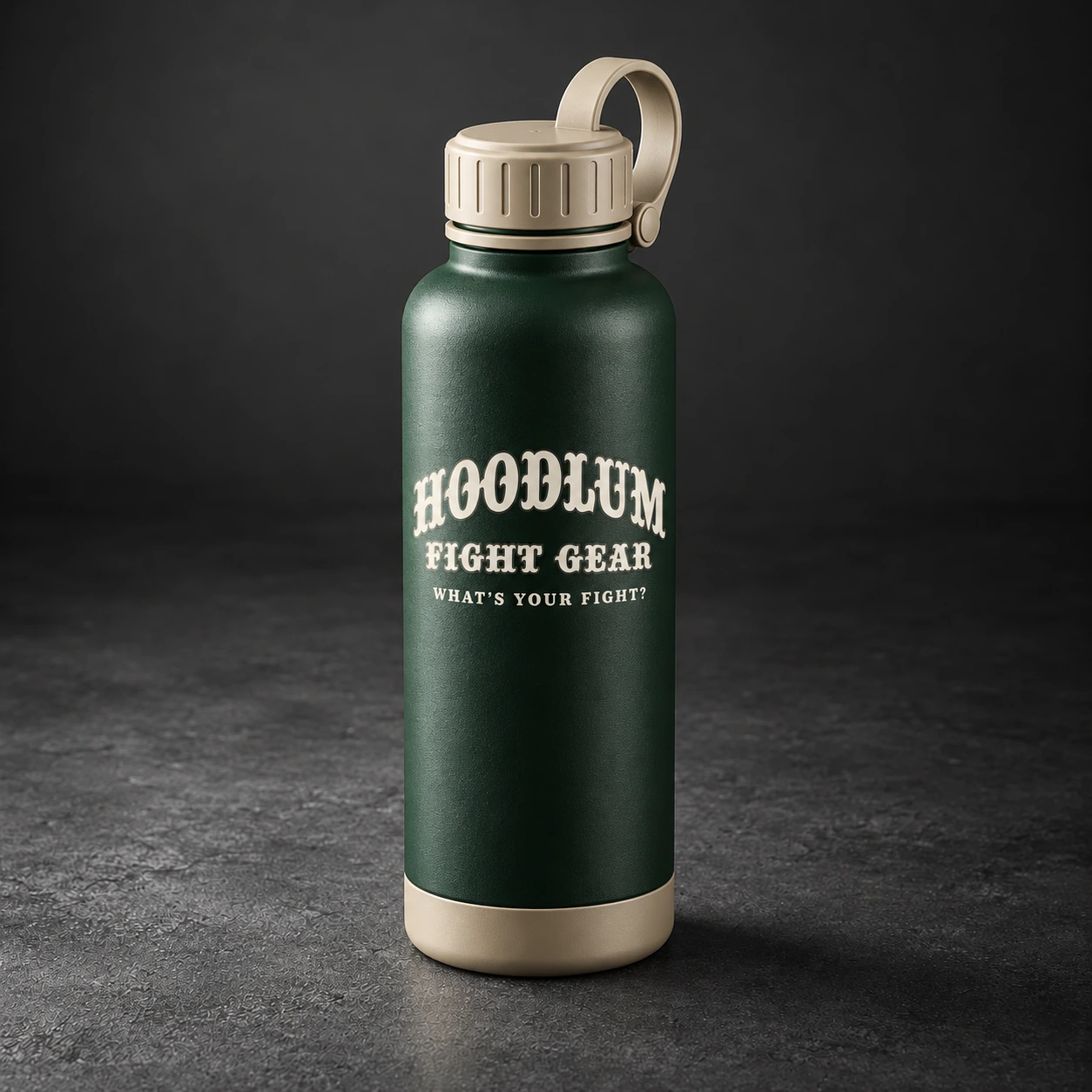 Steel Water Bottle — Forest / Sand — Three-quarter view (AI demo concept)