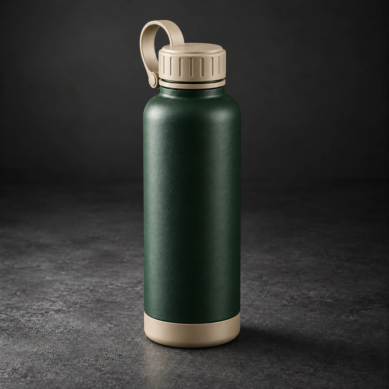 Steel Water Bottle — Forest / Sand — Rear view (AI demo concept)