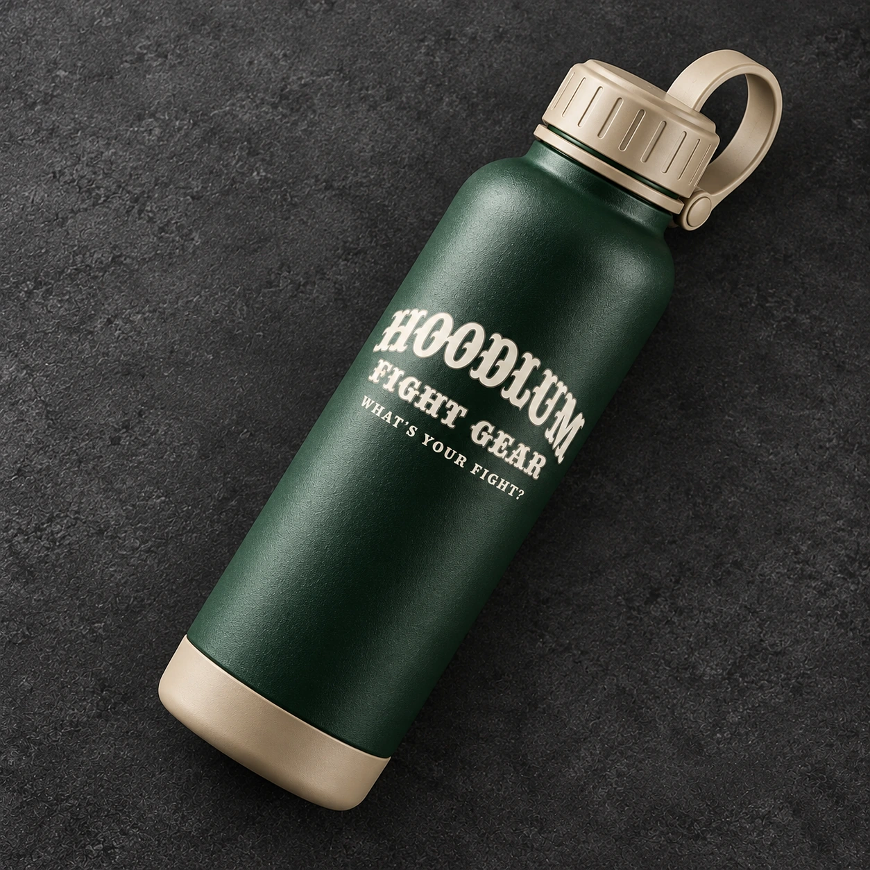 Steel Water Bottle — Forest / Sand — Top view (AI demo concept)