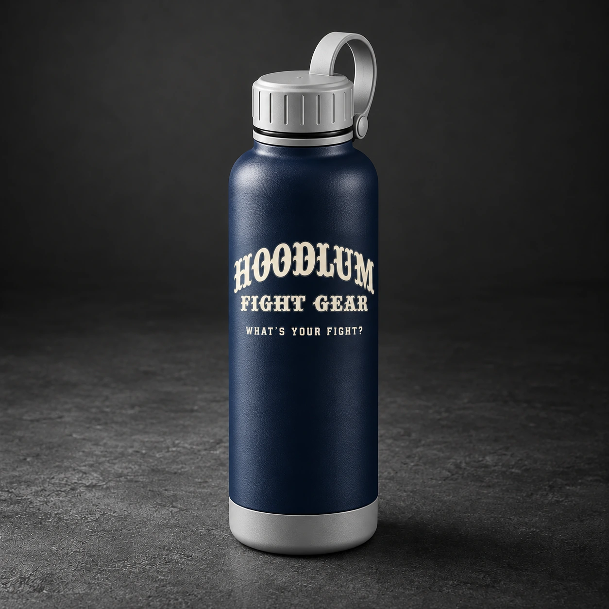 Steel Water Bottle — Midnight / Ice — Three-quarter view (AI demo concept)
