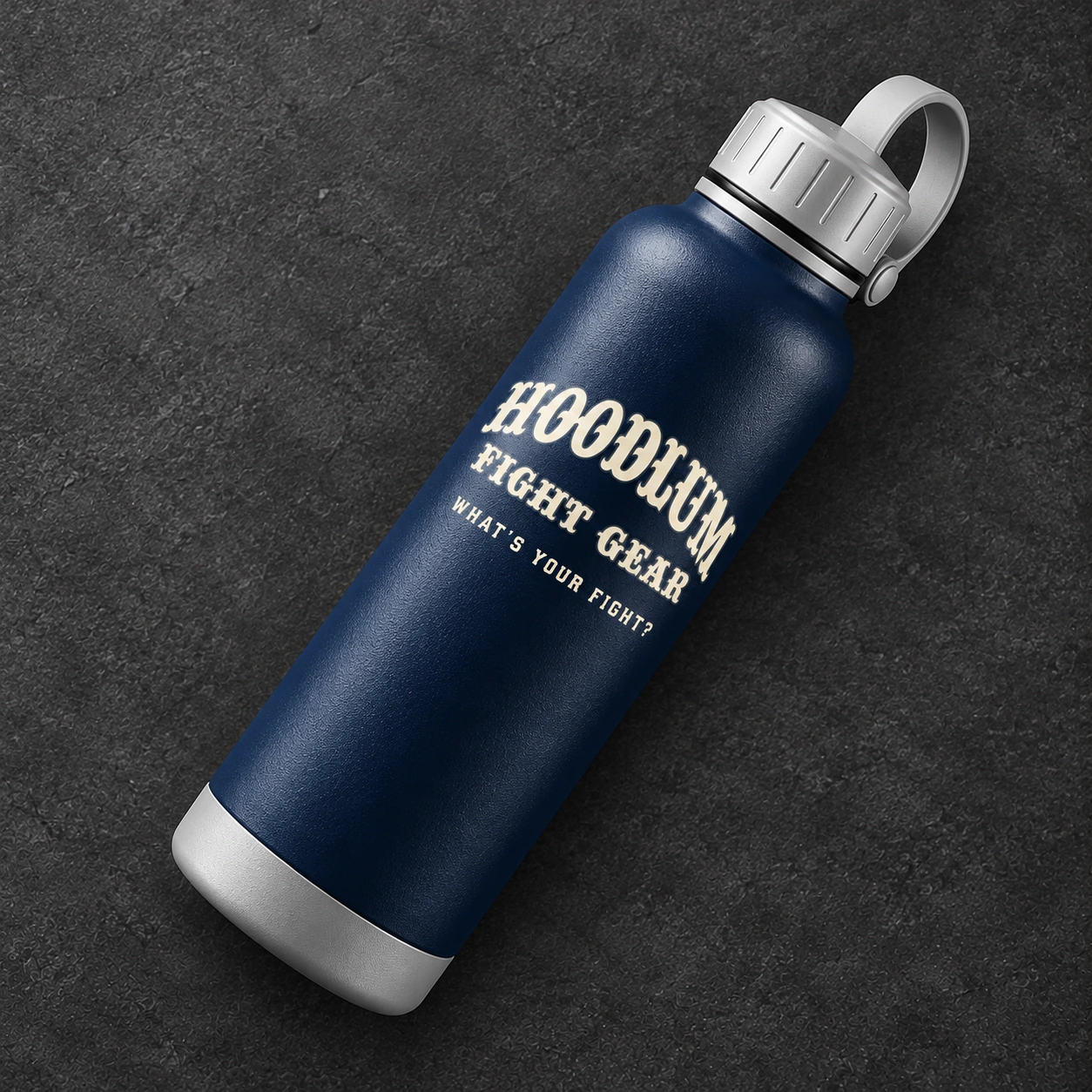 Steel Water Bottle — Midnight / Ice — Top view (AI demo concept)