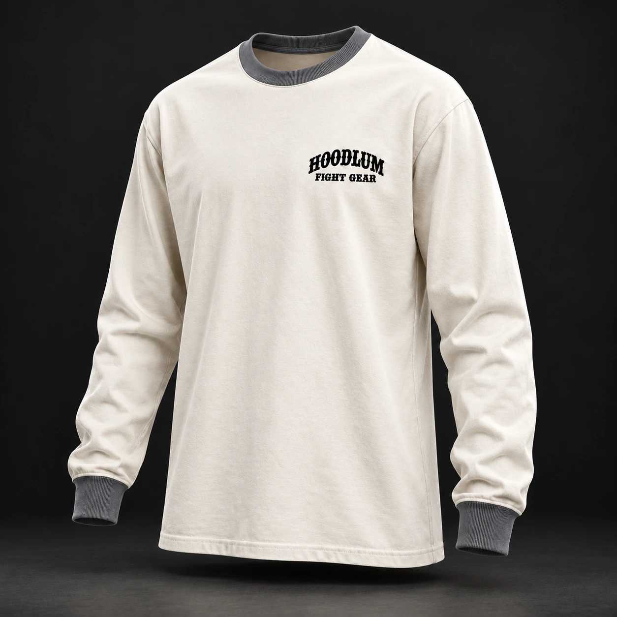 Story Long Sleeve Tee — Bone / Graphite — Three-quarter view (AI demo concept)