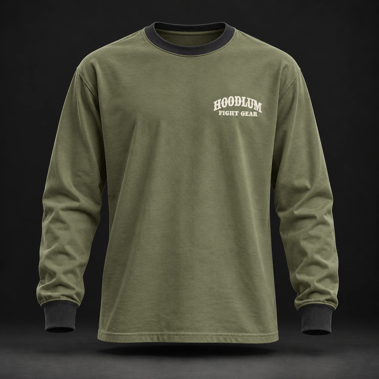Story Long Sleeve Tee — Olive / Carbon — Front view (AI demo concept)