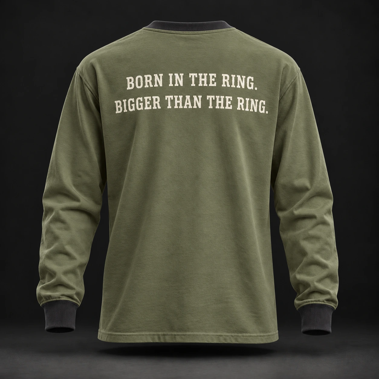 Story Long Sleeve Tee — Olive / Carbon — Back view (AI demo concept)