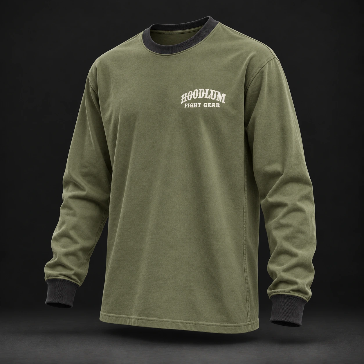 Story Long Sleeve Tee — Olive / Carbon — Three-quarter view (AI demo concept)