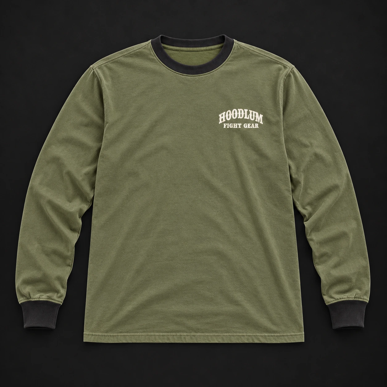 Story Long Sleeve Tee — Olive / Carbon — Flat-lay view (AI demo concept)