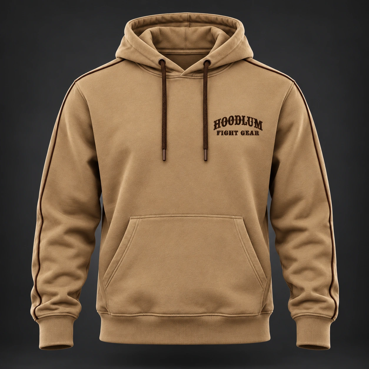 Strike Grapple Repeat Hoodie — Camel / Espresso — Front view (AI demo concept)