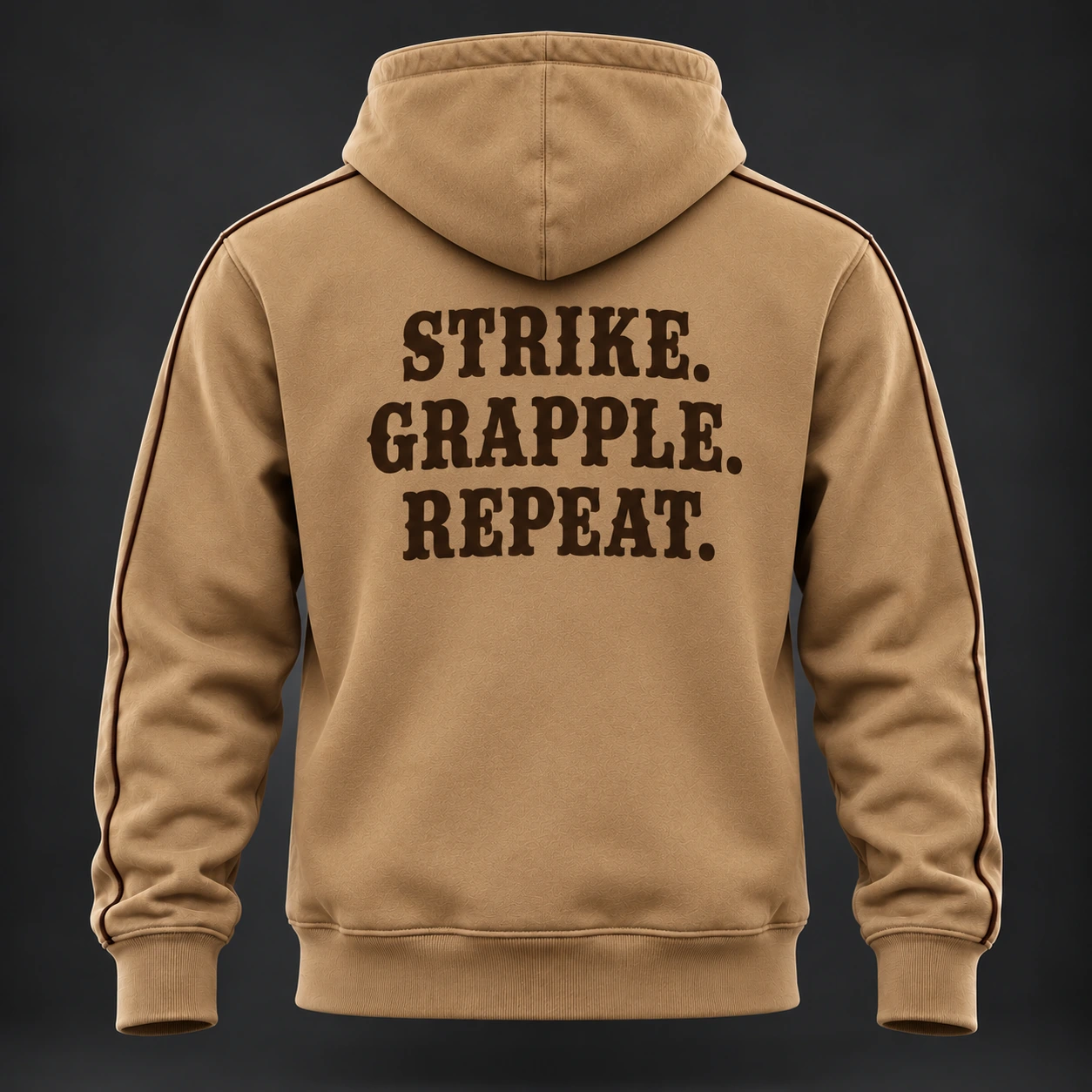 Strike Grapple Repeat Hoodie — Camel / Espresso — Back view (AI demo concept)