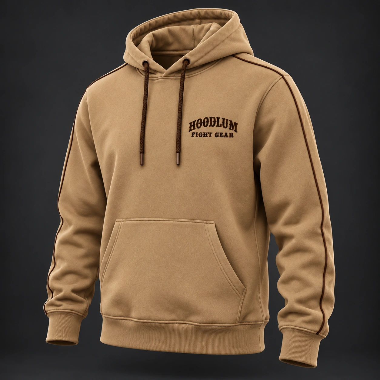 Strike Grapple Repeat Hoodie — Camel / Espresso — Three-quarter view (AI demo concept)