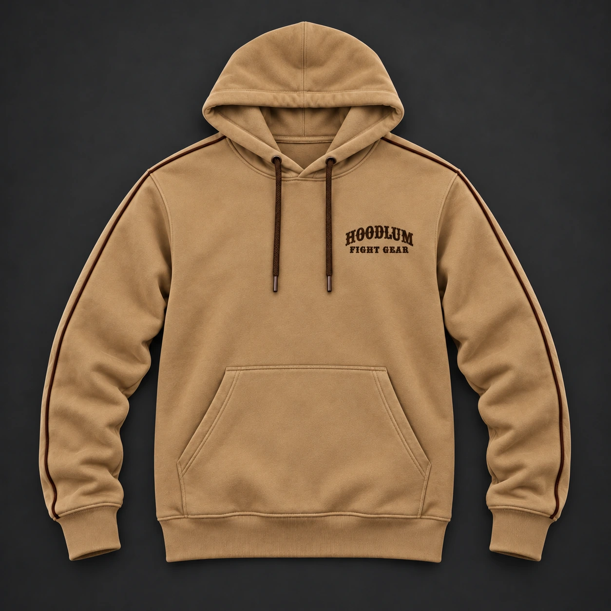 Strike Grapple Repeat Hoodie — Camel / Espresso — Flat-lay view (AI demo concept)