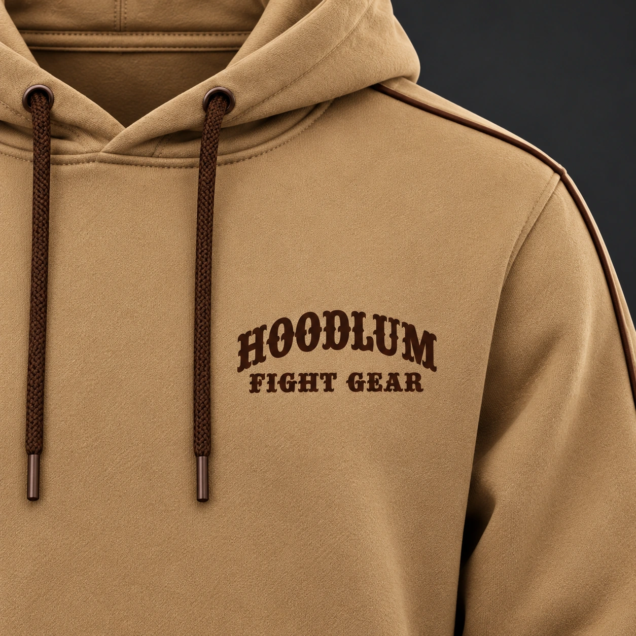 Strike Grapple Repeat Hoodie — Camel / Espresso — Branding detail (AI demo concept)