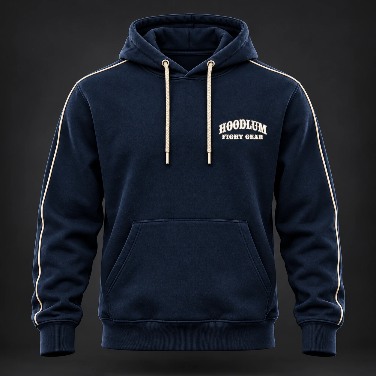 Strike Grapple Repeat Hoodie — Marine / Bone — Front view (AI demo concept)