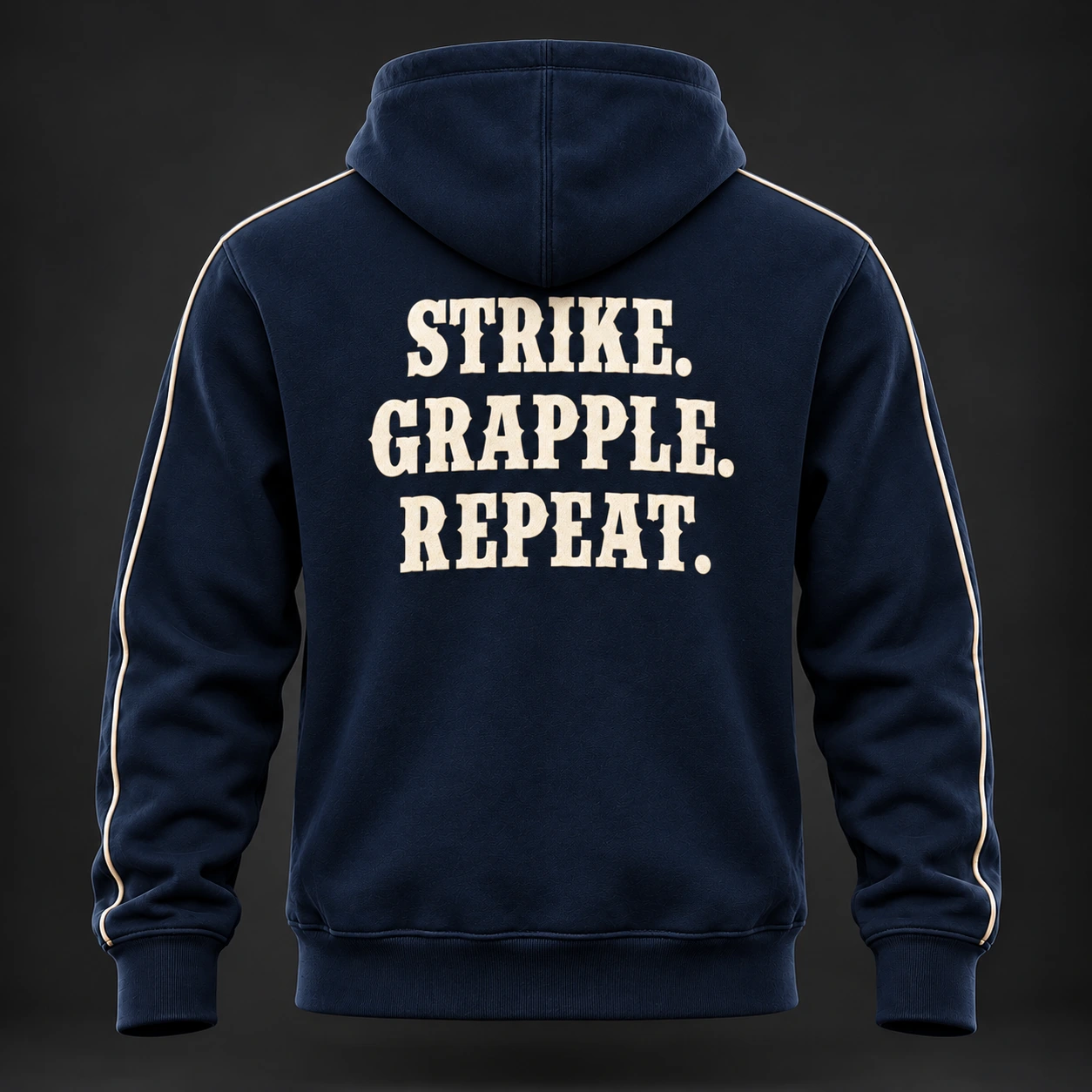 Strike Grapple Repeat Hoodie — Marine / Bone — Back view (AI demo concept)