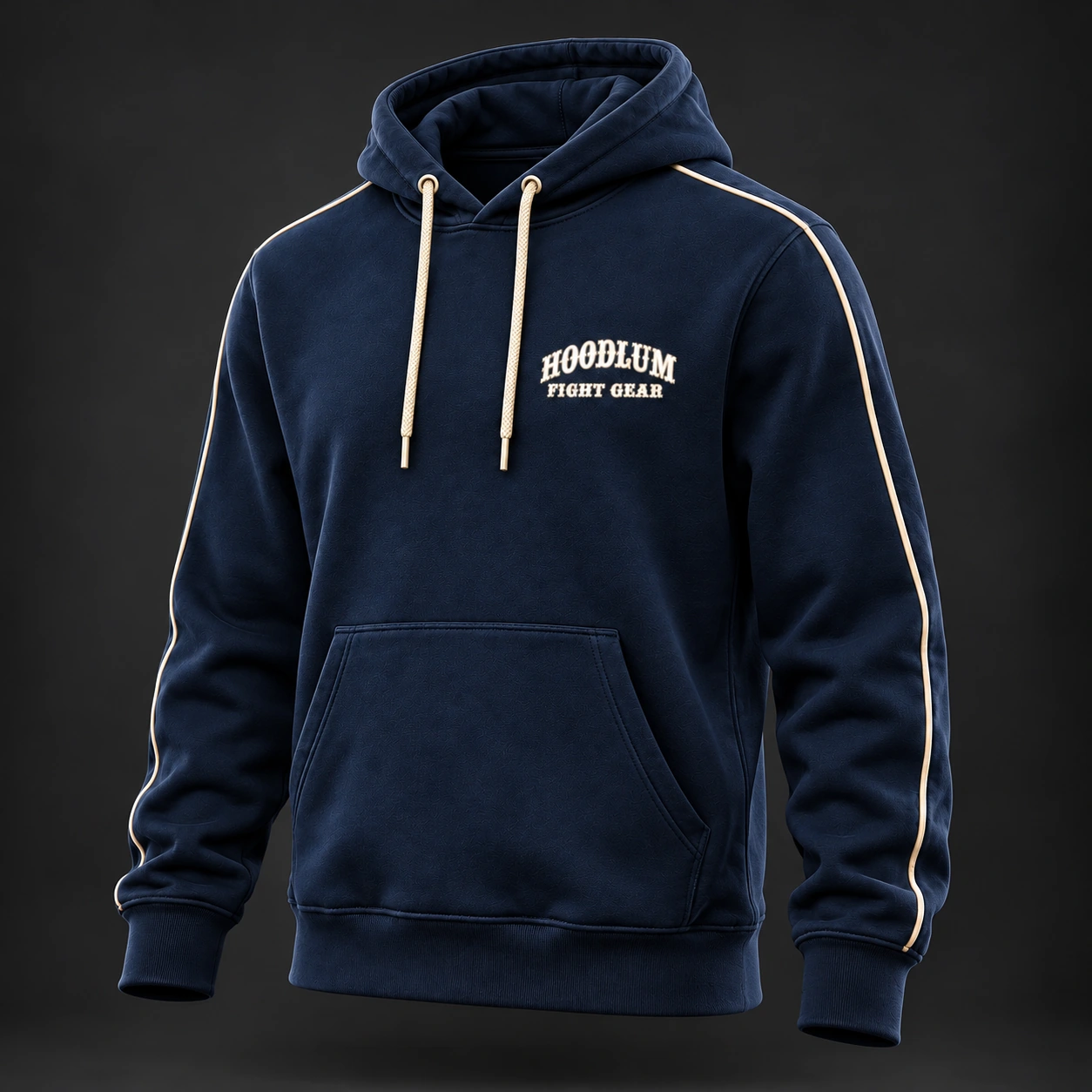 Strike Grapple Repeat Hoodie — Marine / Bone — Three-quarter view (AI demo concept)