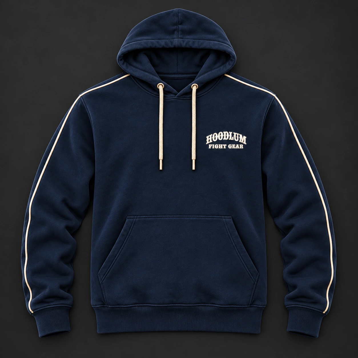 Strike Grapple Repeat Hoodie — Marine / Bone — Flat-lay view (AI demo concept)