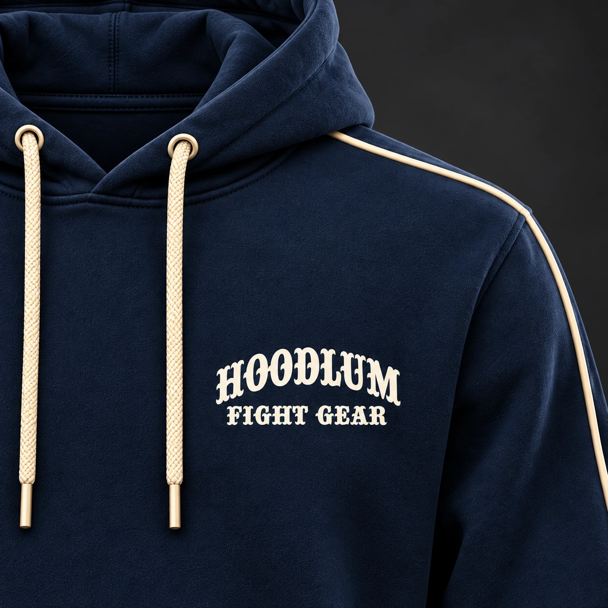 Strike Grapple Repeat Hoodie — Marine / Bone — Branding detail (AI demo concept)