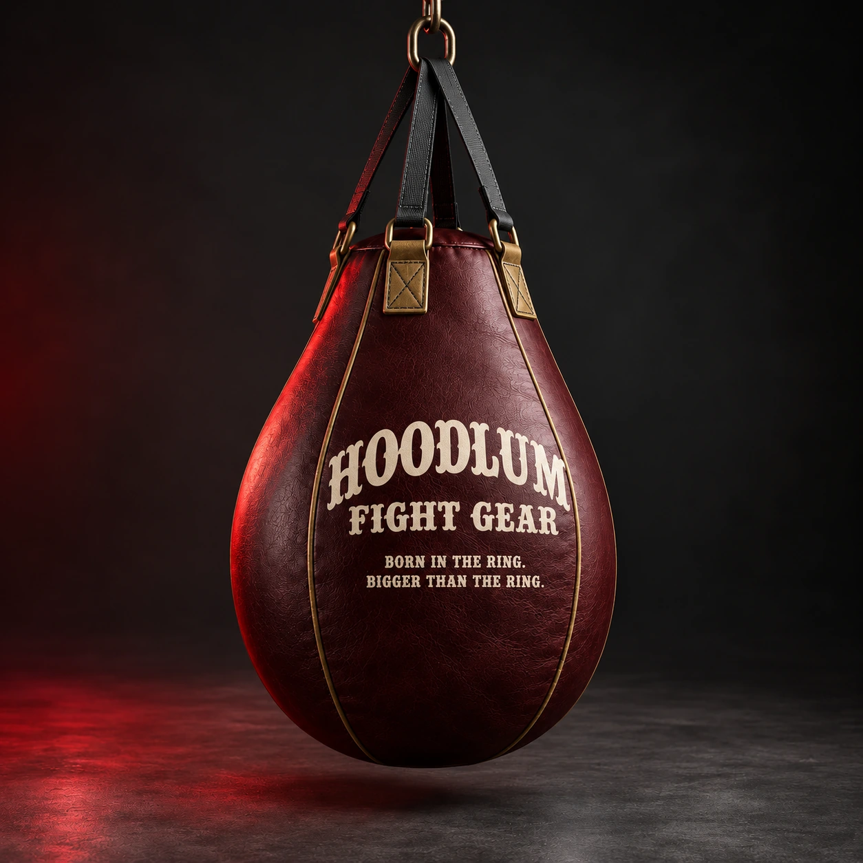 Teardrop Bag — Oxblood / Brass — Three-quarter view (AI demo concept)