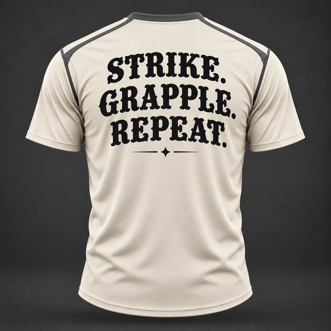 Three Disciplines Tee — Bone / Graphite — Back view (AI demo concept)