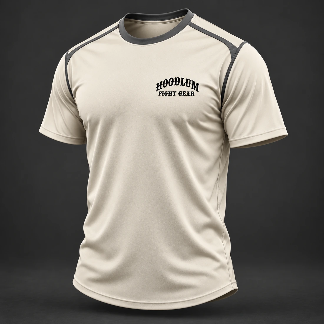 Three Disciplines Tee — Bone / Graphite — Three-quarter view (AI demo concept)