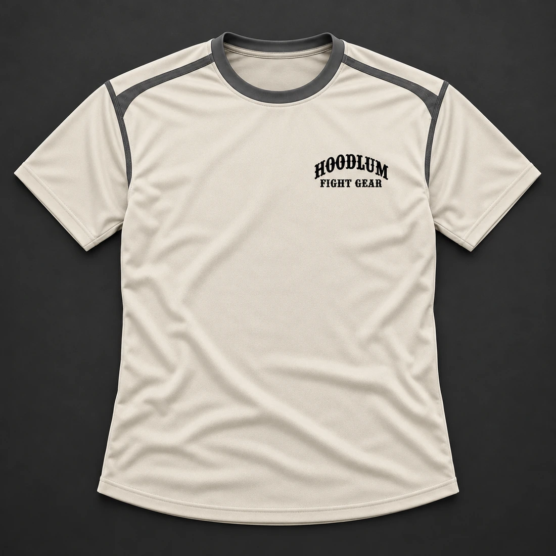 Three Disciplines Tee — Bone / Graphite — Flat-lay view (AI demo concept)