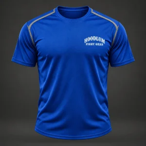 Three Disciplines Tee — Cobalt / Steel — Front view (AI demo concept)