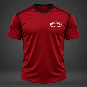 Three Disciplines Tee — Crimson / Onyx — Front view (AI demo concept)
