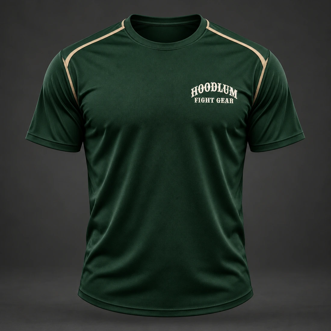Three Disciplines Tee — Forest / Sand — Front view (AI demo concept)
