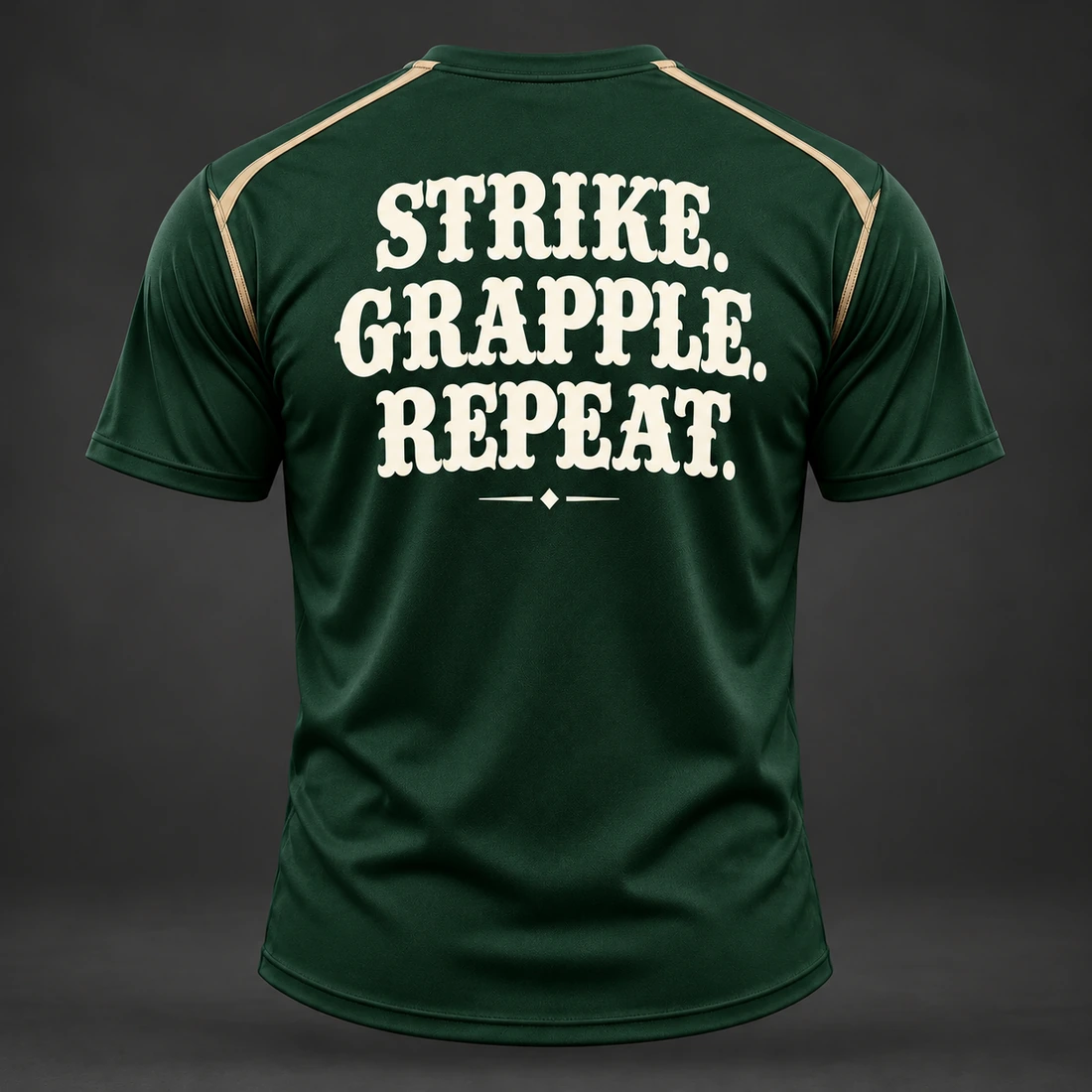 Three Disciplines Tee — Forest / Sand — Back view (AI demo concept)
