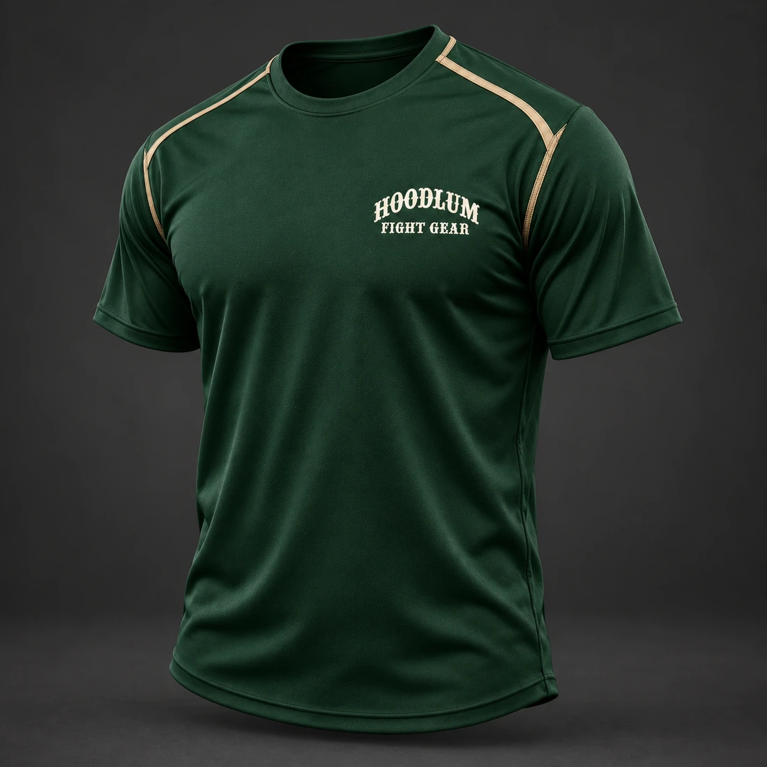 Three Disciplines Tee — Forest / Sand — Three-quarter view (AI demo concept)