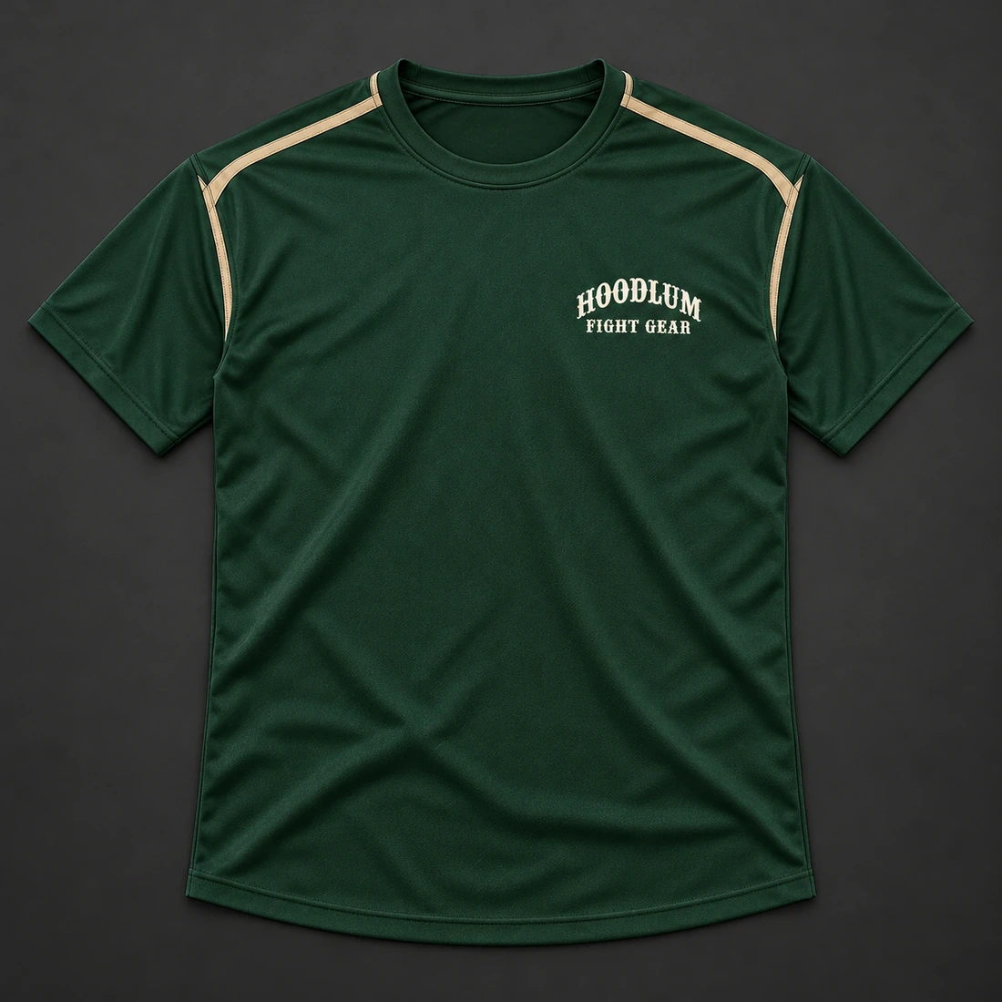 Three Disciplines Tee — Forest / Sand — Flat-lay view (AI demo concept)