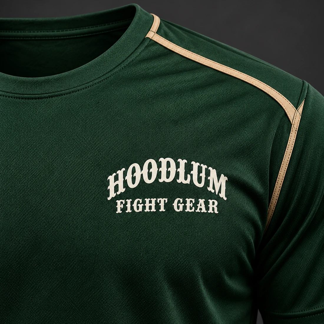 Three Disciplines Tee — Forest / Sand — Branding detail (AI demo concept)