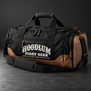 Training Duffel — Black / Copper — Three-quarter view (AI demo concept)
