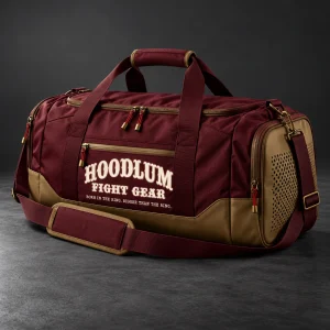 Training Duffel — Oxblood / Brass — Three-quarter view (AI demo concept)
