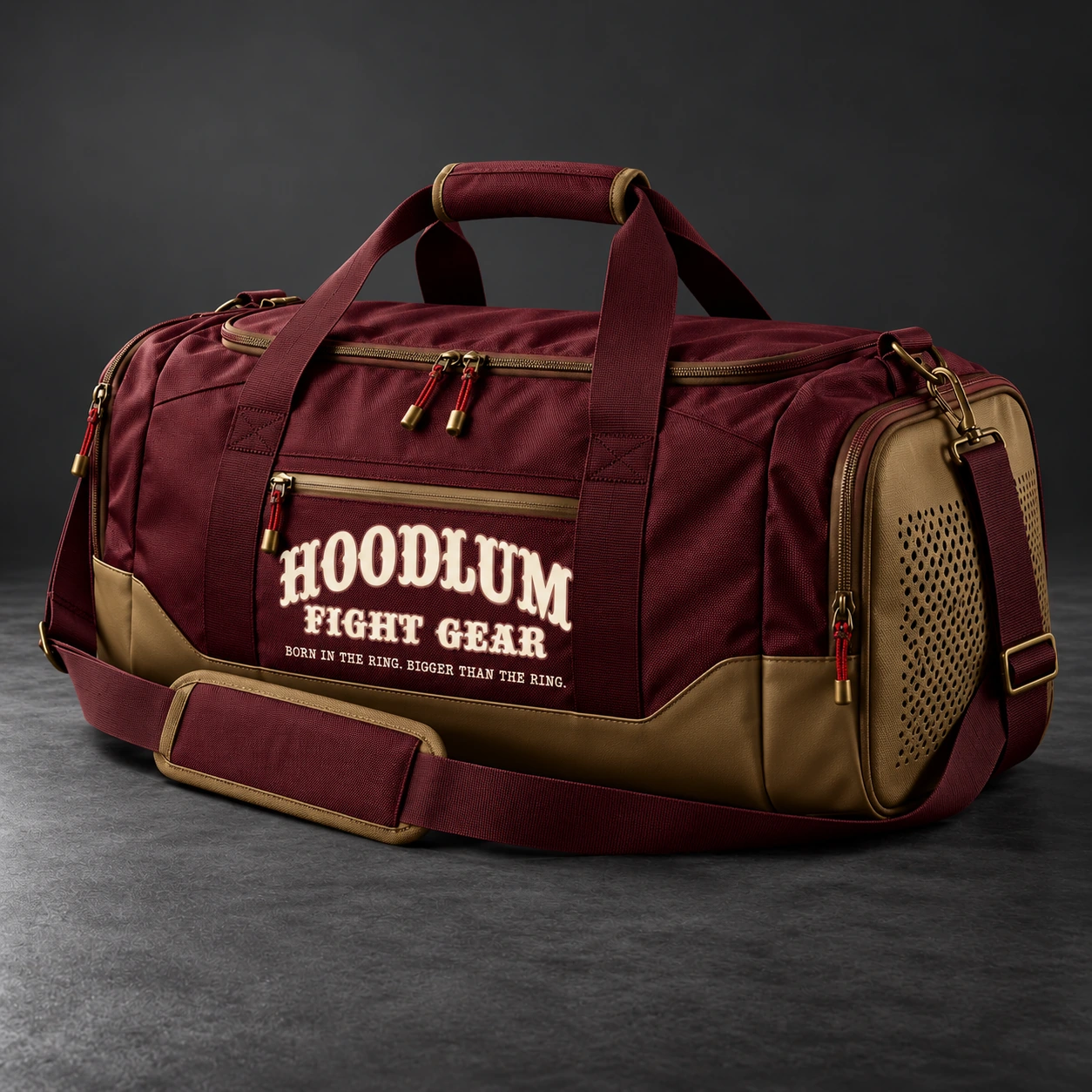 Training Duffel — Oxblood / Brass — Three-quarter view (AI demo concept)