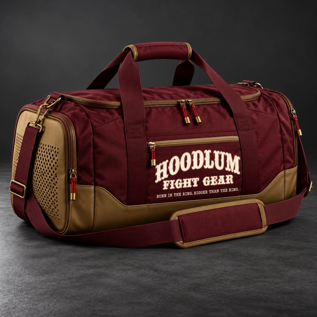 Training Duffel — Oxblood / Brass — Opposite-side view (AI demo concept)
