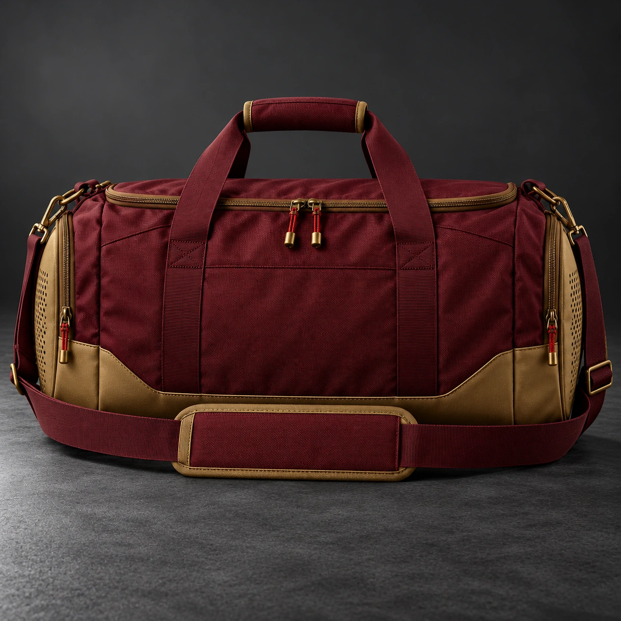Training Duffel — Oxblood / Brass — Rear view (AI demo concept)