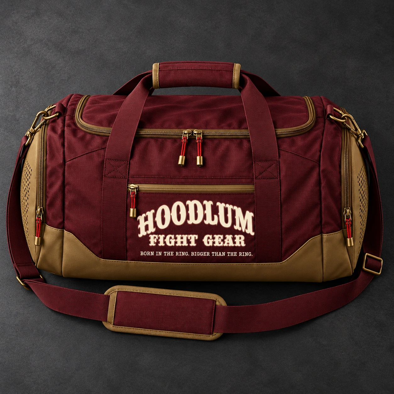 Training Duffel — Oxblood / Brass — Top view (AI demo concept)
