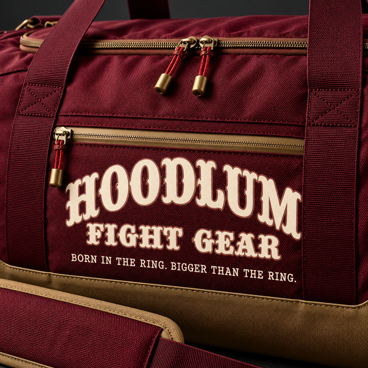 Training Duffel — Oxblood / Brass — Branding detail (AI demo concept)