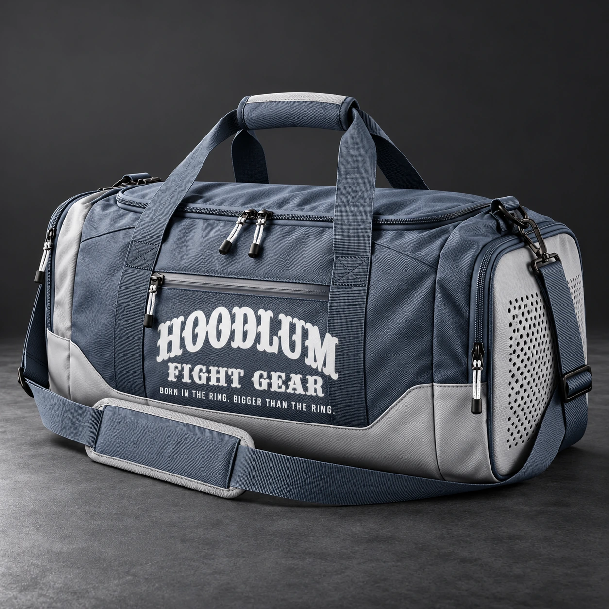 Training Duffel — Slate / Glacier — Three-quarter view (AI demo concept)